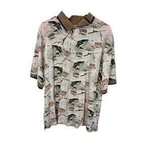 American Summer Polo Shirt Mens XL White  AOP Bass Fishing Print Casual Grandpa